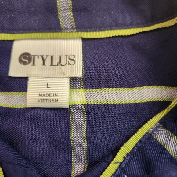 STYLUS Womens Button Down Blouse SOFT Navy Blue + Lime Green Size L - Picture 4 of 14